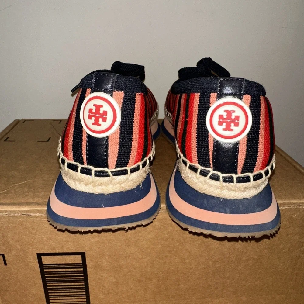 Tory Burch 9.5M Daisy Sport Multi Stripe Circular Knit Reva Bow Espadrille Flats